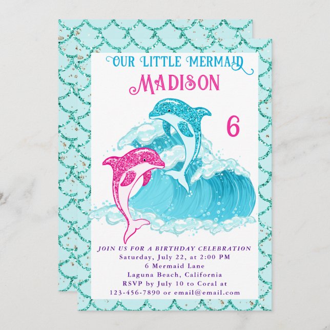 Invitation Mermaid Dolphin Bleu Mer Océan Aqua fête d'anniver (Devant / Derrière)