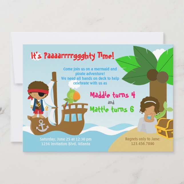 Invitation Mermaid et Pirate Twins (Devant)