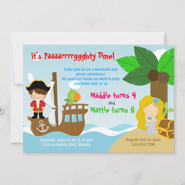 Invitation Mermaid et Pirate Twins (Devant)