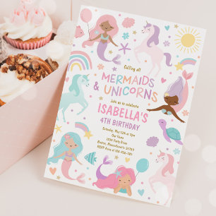 Invitation Mermaid Et Unicorn Fête Magique Anniversaire