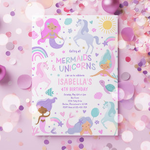Invitation Mermaid Et Unicorn Fête Magique Anniversaire