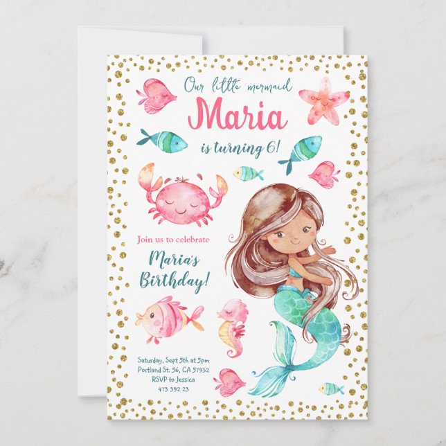 Invitation Mermaid Fille Anniversaire de enfant de peau foncé (Devant)