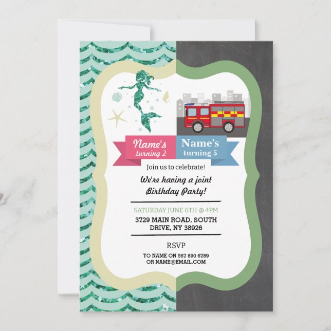 Invitation Mermaid & Fire Truck Joint Garçon fille Anniversai (Devant)
