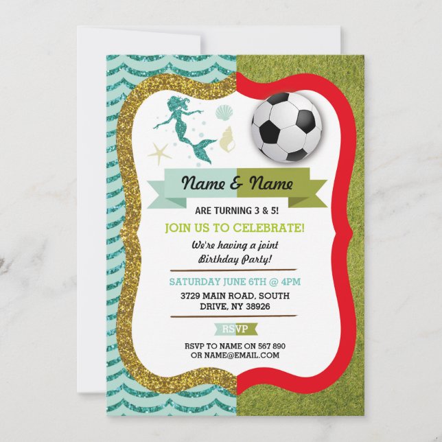 Invitation Mermaid & Football Garçon Fille Football Anniversa (Devant)