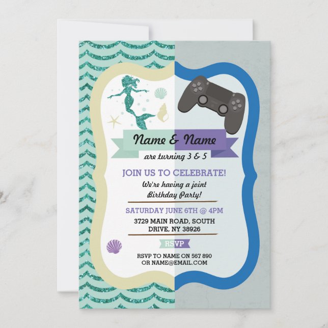 Invitation Mermaid & Gaming Joint Boy girl Anniversaire Invit (Devant)