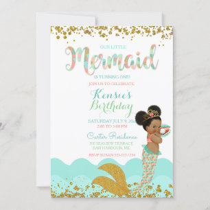 Invitation Mermaid Girl African American Girl Peach Mint Gold