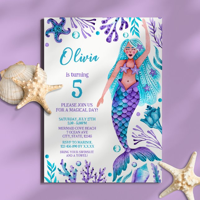 Invitation Mermaid Girl Watercolor Beach fête d'anniversaire (Mermaid Girl Watercolor Beach Birthday Party Invitation)