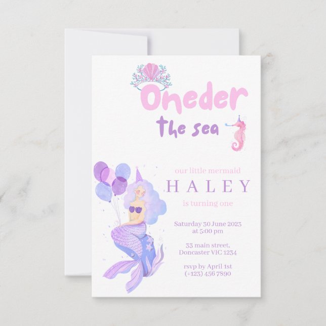 Invitation Mermaid Girly Oneder la mer 1er Baby Birthday (Devant)
