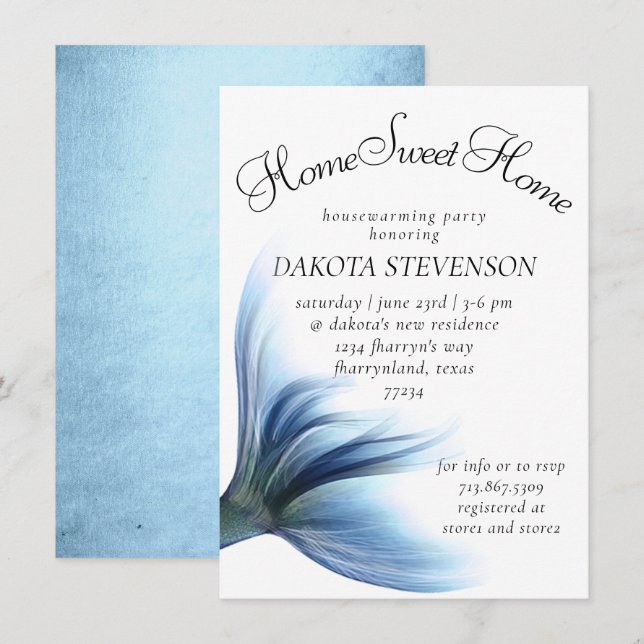 Invitation Mermaid Glam Tail | Dusty Ice Blue Home Sweet Home (Devant / Derrière)