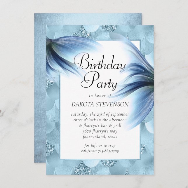 Invitation Mermaid Glam Tail | Dusty Ice Blue Luster Annivers (Devant / Derrière)