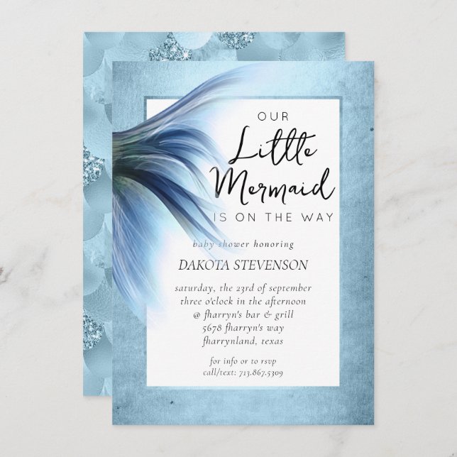 Invitation Mermaid Glam Tail | Dusty Ice Blue Luster Douche (Devant / Derrière)