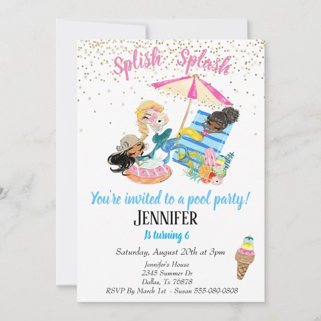 Invitation Mermaid Gold Confetti Pool Party Anniversaire (Devant)