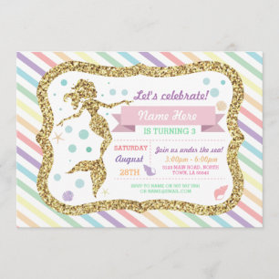 Invitation Mermaid Gold Parties scintillant Rainbow Stripe In
