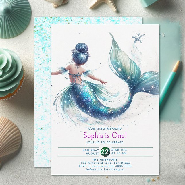 Invitation Mermaid Iridescente Parties scintillant sous mer 1 (girls 1st birthday invitation mermaid under the sea cute character watercolor adorable holographic)