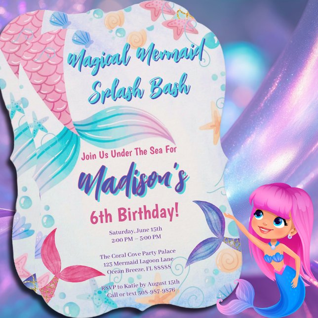 Invitation Mermaid Magique Aquarelle Queue Anniversaire (Dive into Fun! Mermaid Birthday Bash)