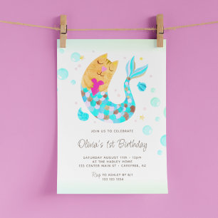 Invitation Mermaid MerCat Cute Aquarelle 1er Anniversaire
