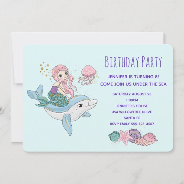 Invitation Mermaid Monté sur un Dauphin Sous la Mer Invitatio (Devant)