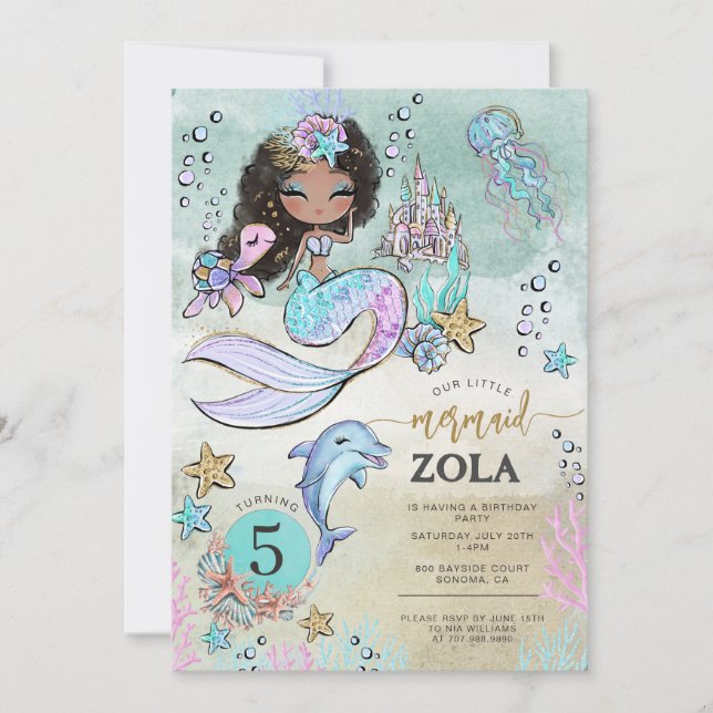 Invitation Mermaid noire modifiable sous l'océan pour un 5ème (Devant)