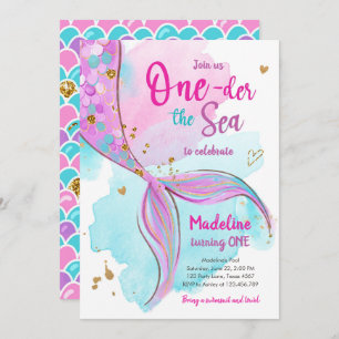 Invitation Mermaid One Sea Pool Party Fille premier anniversa