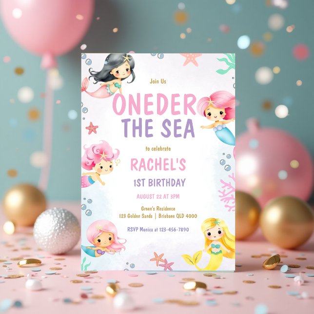 Invitation Mermaid Oneder Sea Pastel 1er anniversaire (Cute Mermaid Oneder the Sea Pastel 1st Birthday Invitation)