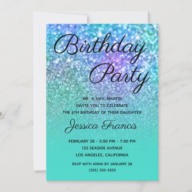 Invitation Mermaid Parties scintillant bleu turquoise Ombre a (Devant)