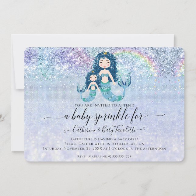 Invitation Mermaid Parties scintillant bleue Rainbow Baby Gir (Devant)