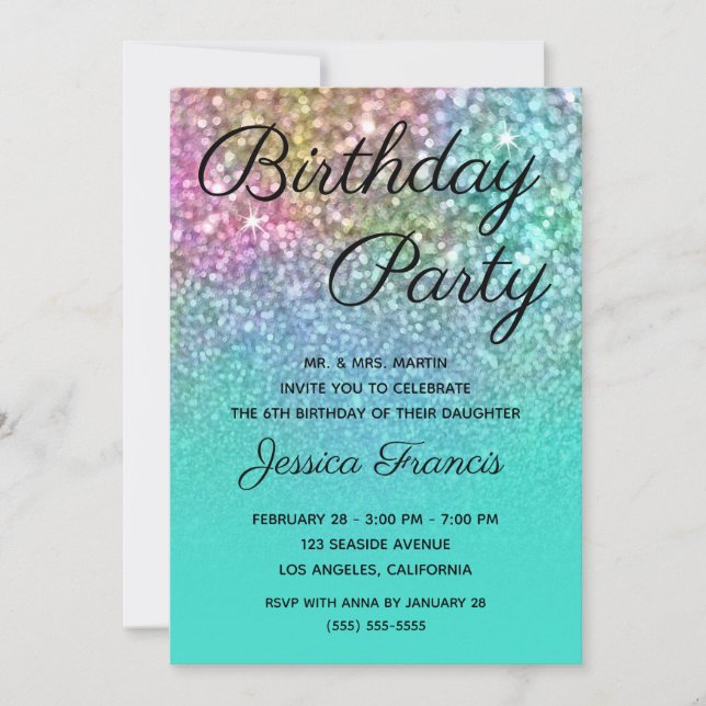 Invitation Mermaid Parties scintillant Turquoise Ombre fête d (Devant)