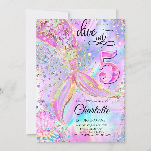 Invitation Mermaid Pink Purple Plonger dans cinq 5e anniversa (Devant)