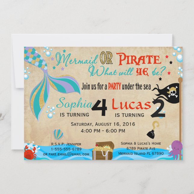 Invitation Mermaid & Pirate Birthday Brother & Sister Party (Devant)