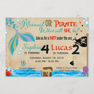 Invitation Mermaid & Pirate Birthday Brother & Sister Party