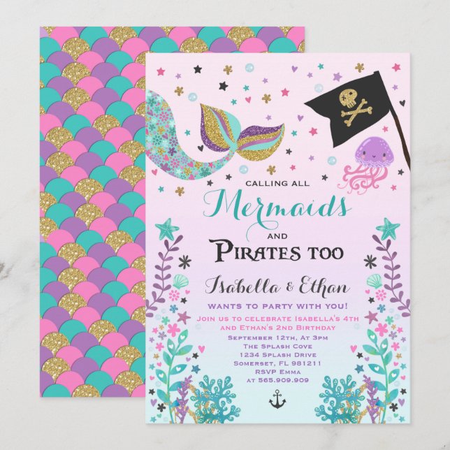 Invitation Mermaid & Pirate Birthday Sibling Boy Girl Invitat (Devant / Derrière)
