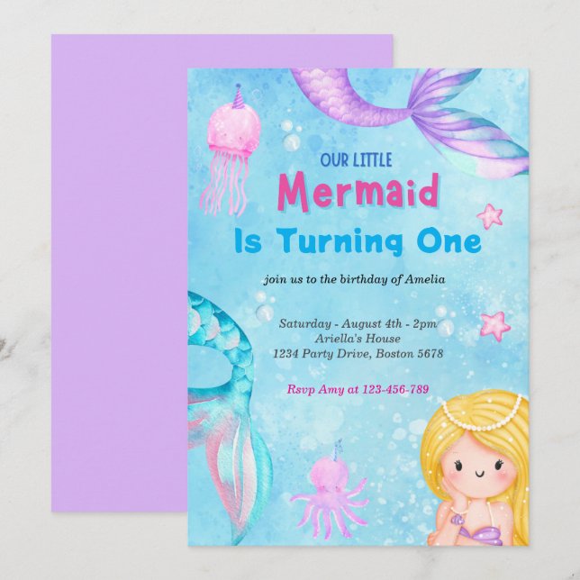 Invitation Mermaid Queue sous la mer rose or Anniversaire (Devant / Derrière)