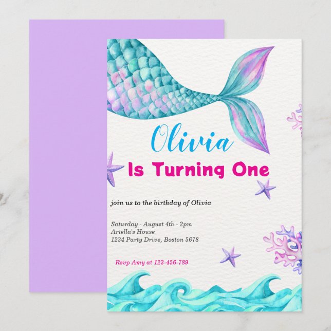 Invitation Mermaid Queue sous la mer rose or Anniversaire (Devant / Derrière)