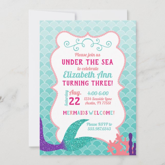 Invitation Mermaid Queue Sous L'Invitation D'Anniversaire En  (Devant)