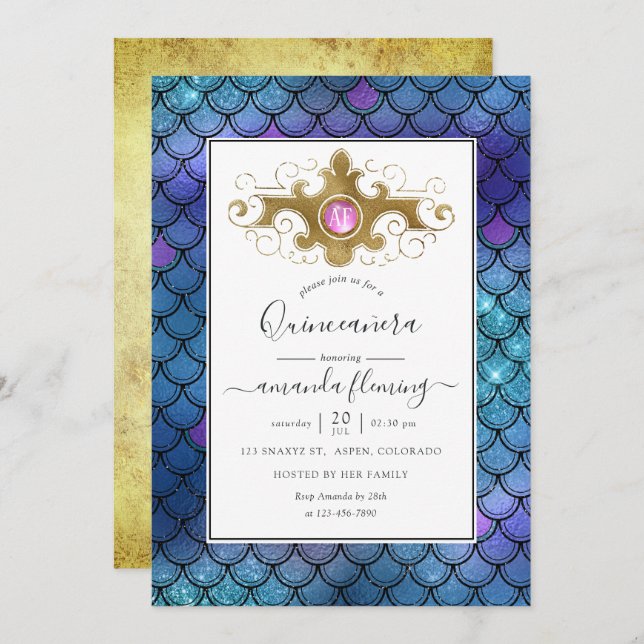 Invitation Mermaid Quinceañera en pierre Turquoise et or (Devant / Derrière)