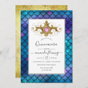 Invitation Mermaid Quinceañera en pierre Turquoise et or