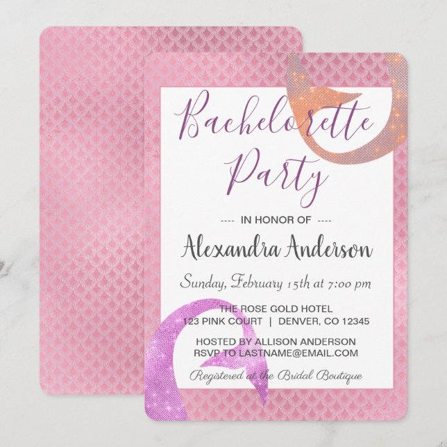 Invitation Mermaid Rose Gold Sparkle Bachelorette Party (Devant / Derrière)
