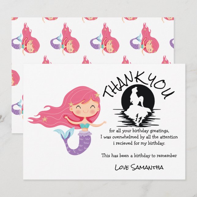 Invitation Mermaid rose violet Merci de fête d'anniversaire (Devant / Derrière)