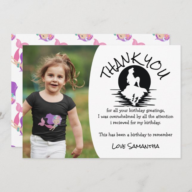 Invitation Mermaid rose violet Merci de fête d'anniversaire (Devant / Derrière)