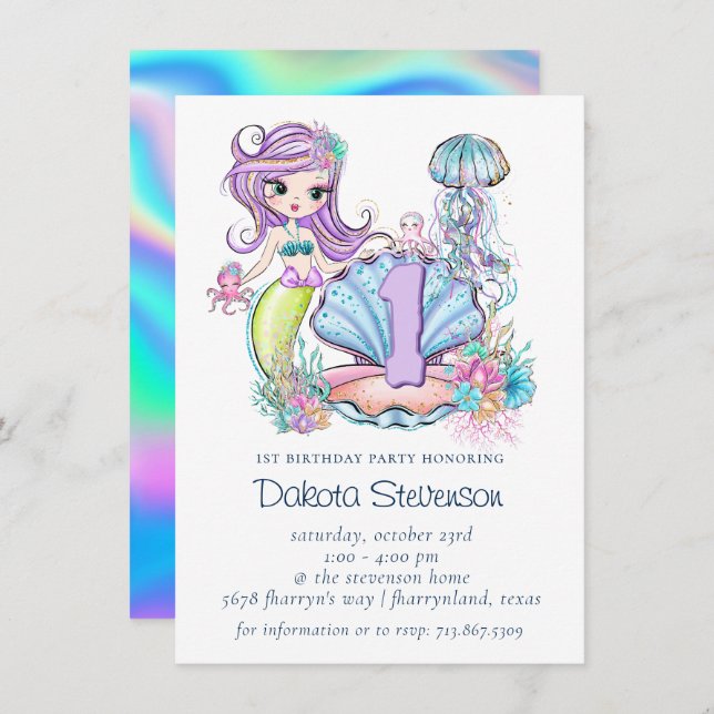 Invitation Mermaid Sea Life | Fête d'anniversaire avec âge pe (Devant / Derrière)