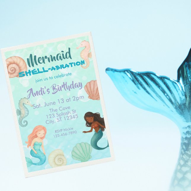 Invitation Mermaid SHELL-abration, Watercolor Birthday (Créateur téléchargé)