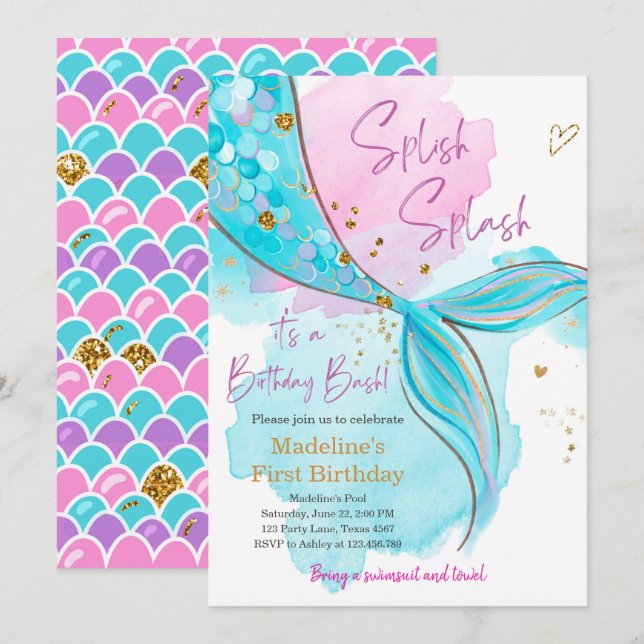 Invitation Mermaid Splish Pool Party Fille Anniversaire (Devant / Derrière)