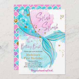 Invitation Mermaid Splish Pool Party Fille Anniversaire