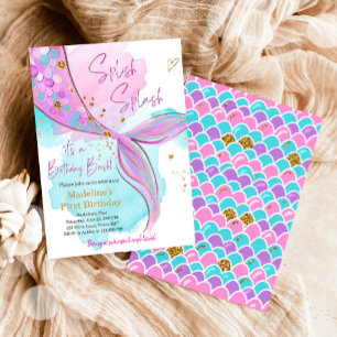 Invitation Mermaid Splish Pool Party Fille Anniversaire