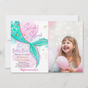 Invitation Mermaid Splish Pool Party Fille Anniversaire