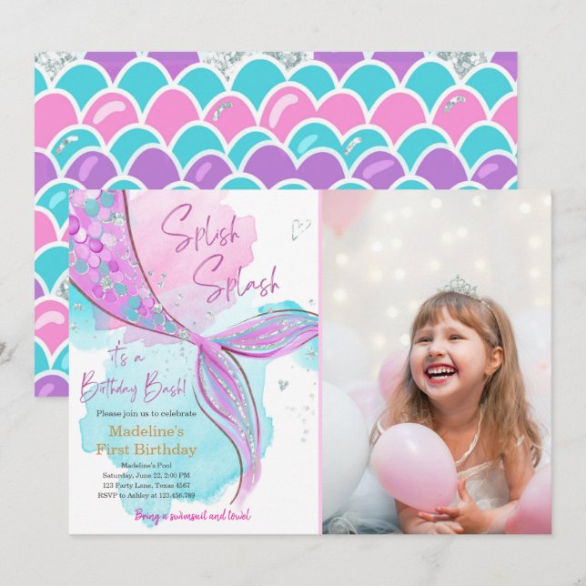 Invitation Mermaid Splish Pool Party Fille Anniversaire Inv (Devant / Derrière)