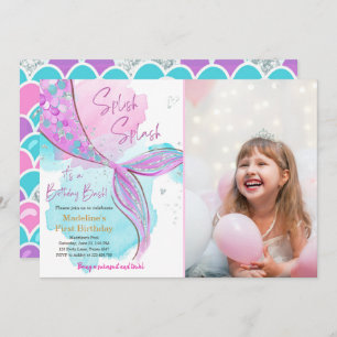 Invitation Mermaid Splish Pool Party Fille Anniversaire Inv