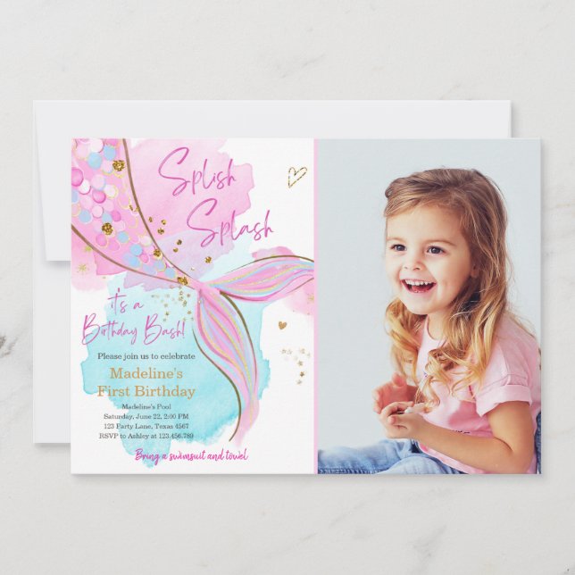 Invitation Mermaid Splish Pool Party Fille Anniversaire Inv (Devant)