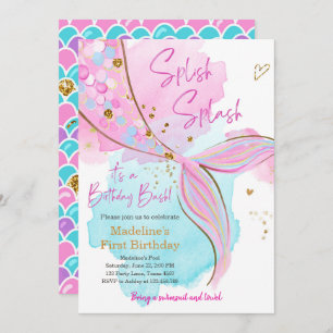 Invitation Mermaid Splish Pool Party Fille Anniversaire Inv