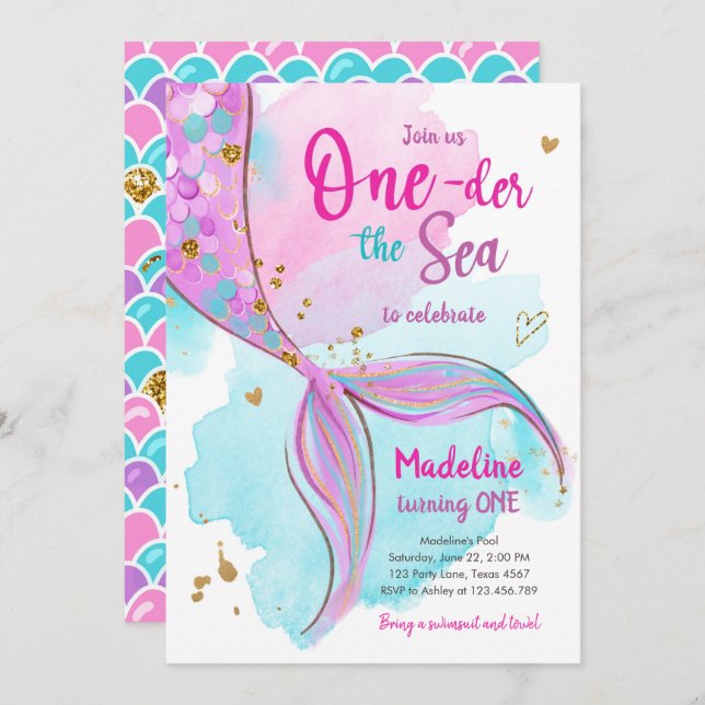 Invitation Mermaid Splish Pool Party Fille Anniversaire Inv (Devant / Derrière)